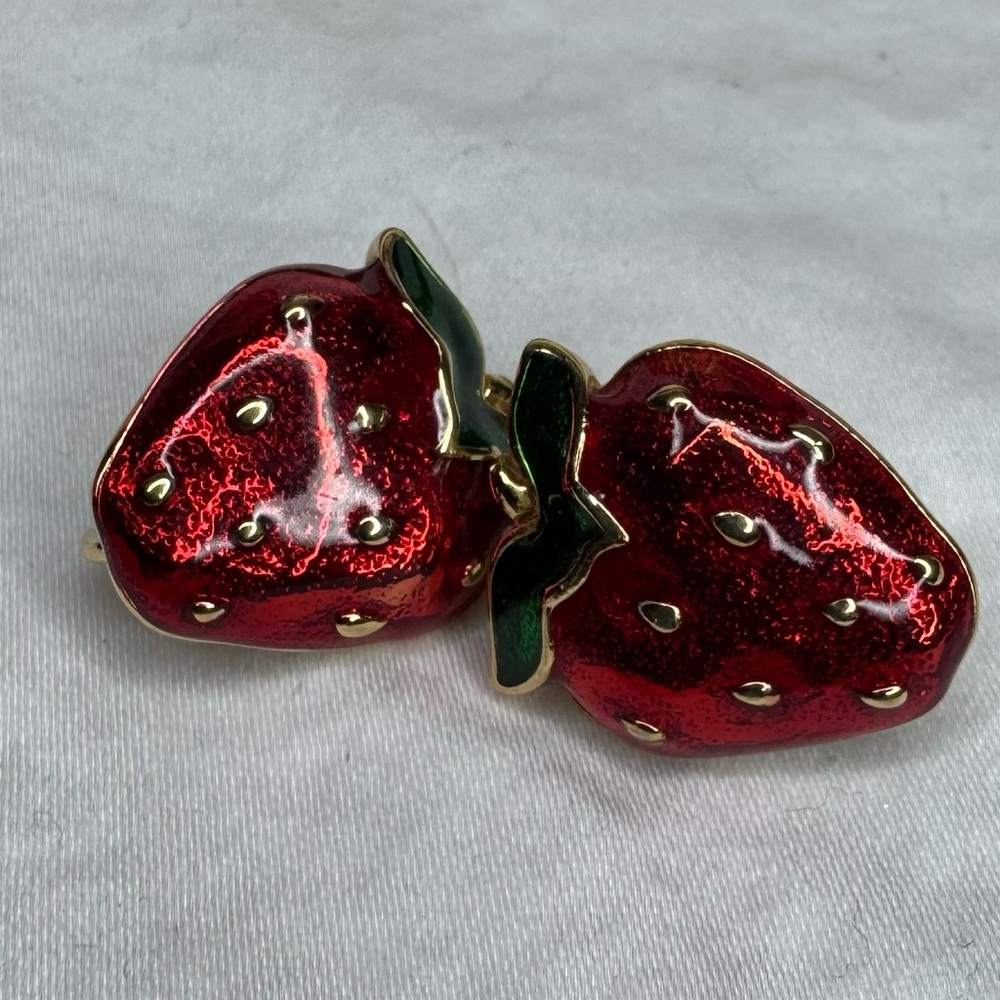 Guilloché Enamel Gold Filled Strawberry Earrings clip on vintage